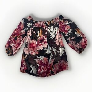 White House Black Market Floral Smocked Off Shoulder Silk Blend Blouse XXS Black